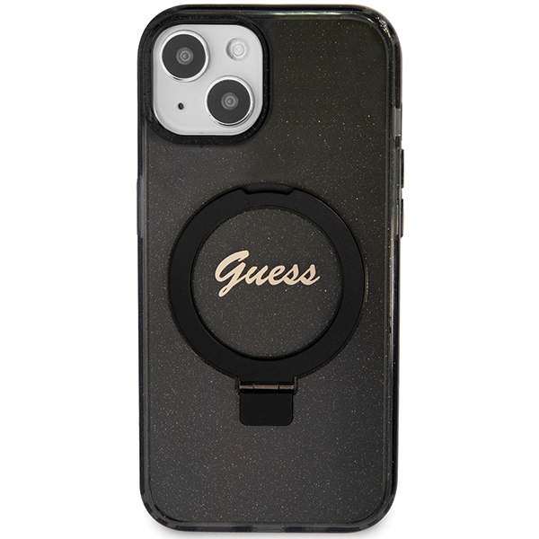 Guess iPhone 13 / 14 / 15 Case Ring Stand Script Glitter MagSafe, Black