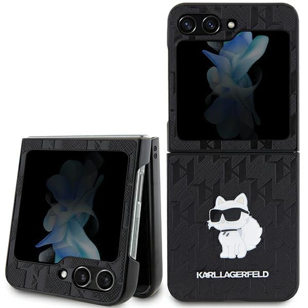 Samsung Galaxy Z Flip 5 ( SM-F731B/DS ) Karl Lagerfeld Saffiano Monogram Choupette Pin Case Cover, Black
