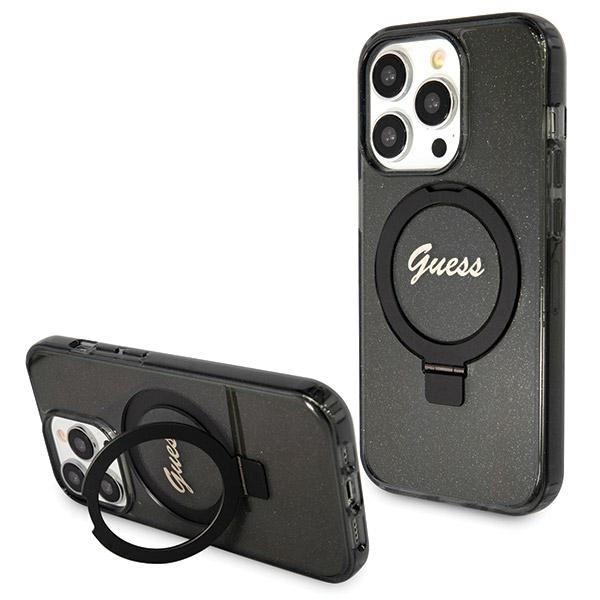 Guess iPhone 13 Pro Max Case Ring Stand Script Glitter MagSafe, Black