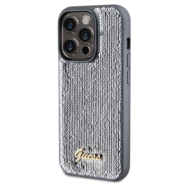 Guess iPhone 14 Pro Case Sequin Script Metal, Silver