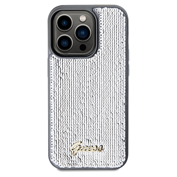 Guess iPhone 14 Pro Case Sequin Script Metal, Silver