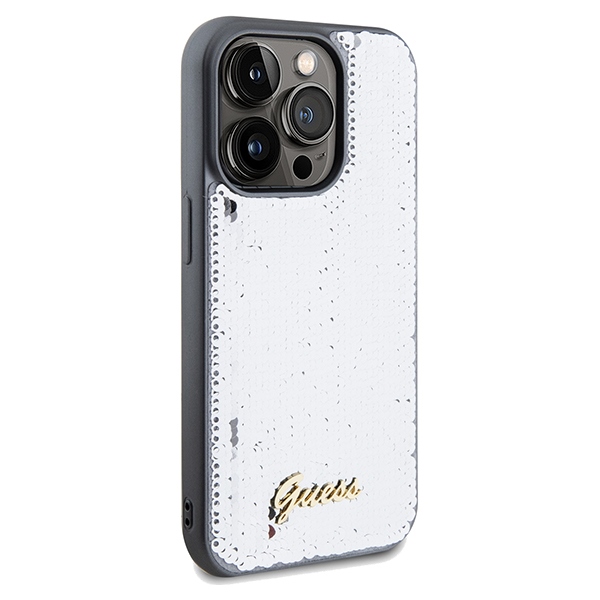 Guess iPhone 14 Pro Case Sequin Script Metal, Silver