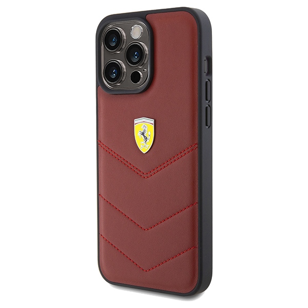 Ferrari Quilted Metal Logo Leather Case for iPhone 15 Pro Max, Red