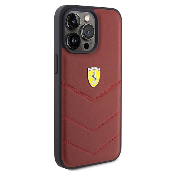Ferrari Quilted Metal Logo Leather Case for iPhone 15 Pro Max, Red