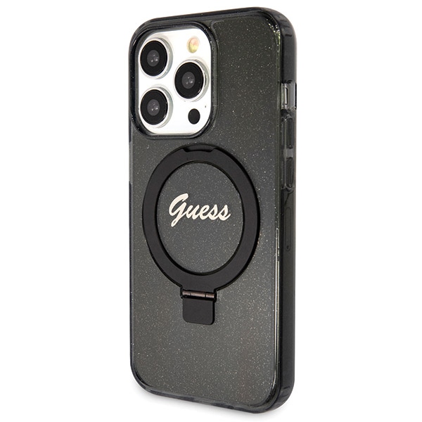 Guess iPhone 14 Pro Case Ring Stand Script Glitter MagSafe, Black