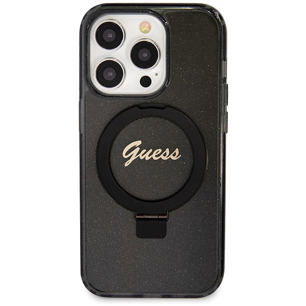 Guess iPhone 14 Pro Case Ring Stand Script Glitter MagSafe, Black