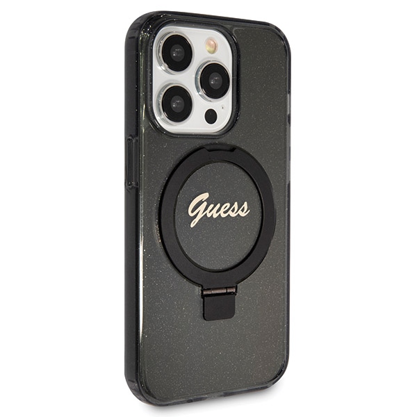 Guess iPhone 14 Pro Case Ring Stand Script Glitter MagSafe, Black