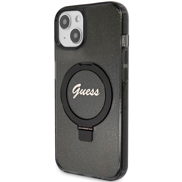 Guess iPhone 13 / 14 / 15 Case Ring Stand Script Glitter MagSafe, Black