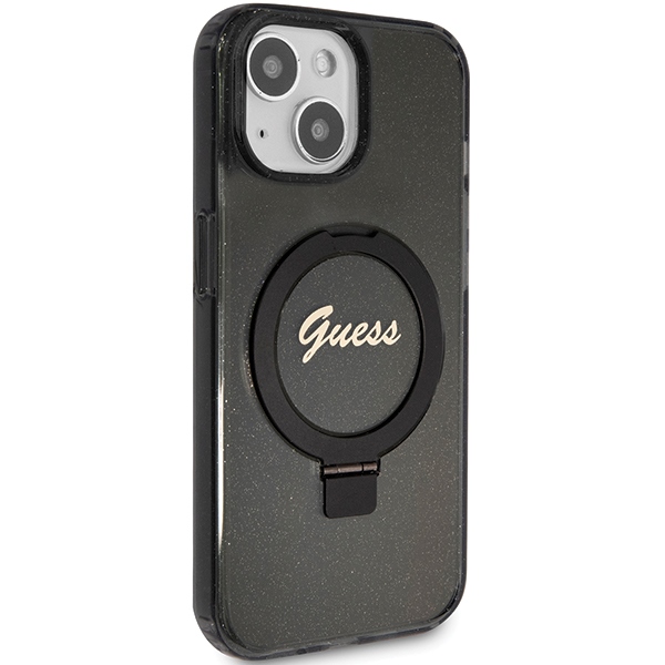 Guess iPhone 13 / 14 / 15 Case Ring Stand Script Glitter MagSafe, Black