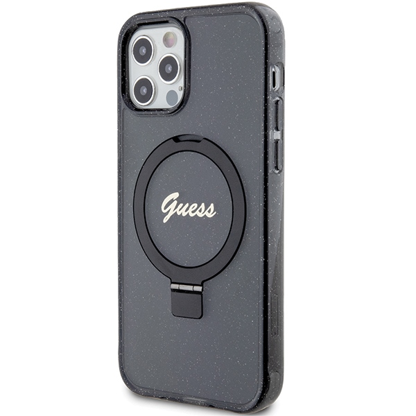 Guess iPhone 12 / 12 Pro Case Ring Stand Script Glitter MagSafe, Black