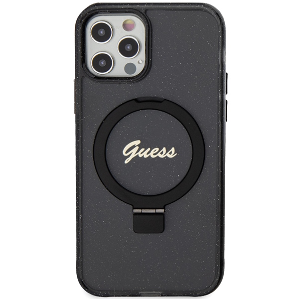 Guess iPhone 12 / 12 Pro Case Ring Stand Script Glitter MagSafe, Black