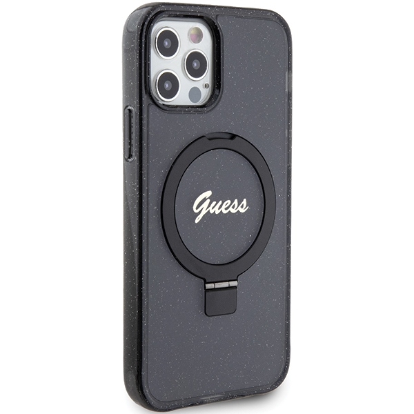 Guess iPhone 12 / 12 Pro Case Ring Stand Script Glitter MagSafe, Black