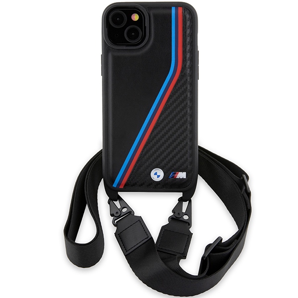 BMW iPhone 15 Plus / 14 Plus Case M Edition Carbon Tricolor Lines & Strap, Black