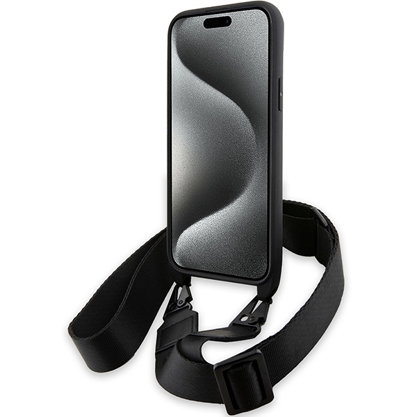 BMW iPhone 15 Plus / 14 Plus Case M Edition Carbon Tricolor Lines & Strap, Black