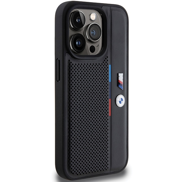 BMW iPhone 15 Pro Case Perforated Tricolor Line, Black