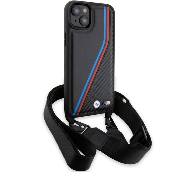 Чехол BMW для iPhone 15 / 14 / 13 M Edition Carbon Tricolor Lines & Strap, черный