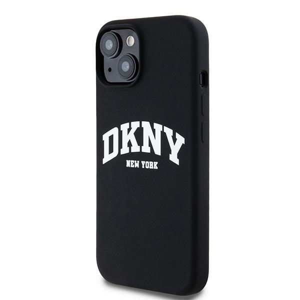 DKNY iPhone 14 vāciņš Liquid Silicone White Printed Logo MagSafe, melns