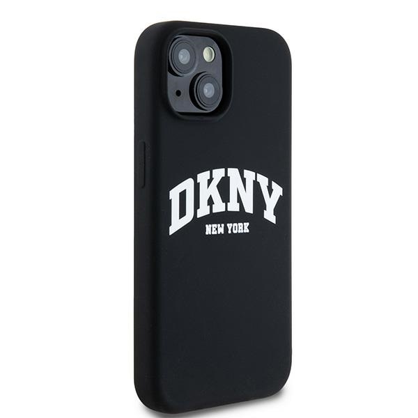DKNY iPhone 14 vāciņš Liquid Silicone White Printed Logo MagSafe, melns