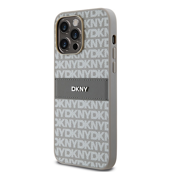 DKNY iPhone 14 Pro Max Case Leather Mono Stripe & Metal Logo, Beige