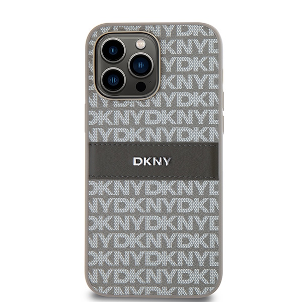 DKNY iPhone 14 Pro Max Case Leather Mono Stripe & Metal Logo, Beige
