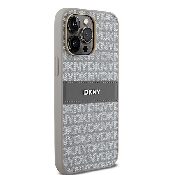 DKNY iPhone 14 Pro Max Case Leather Mono Stripe & Metal Logo, Beige