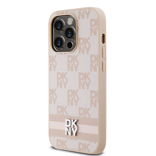 DKNY iPhone 14 Pro Case Checkered Mono Pattern & Printed Stripes, Pink