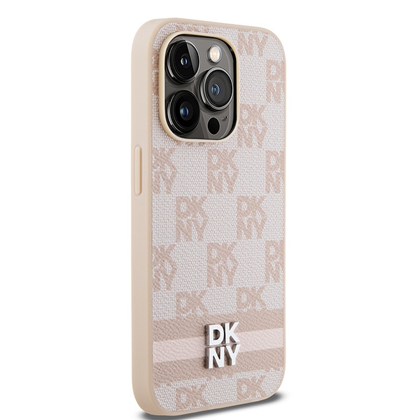 DKNY iPhone 14 Pro Case Checkered Mono Pattern & Printed Stripes, Pink