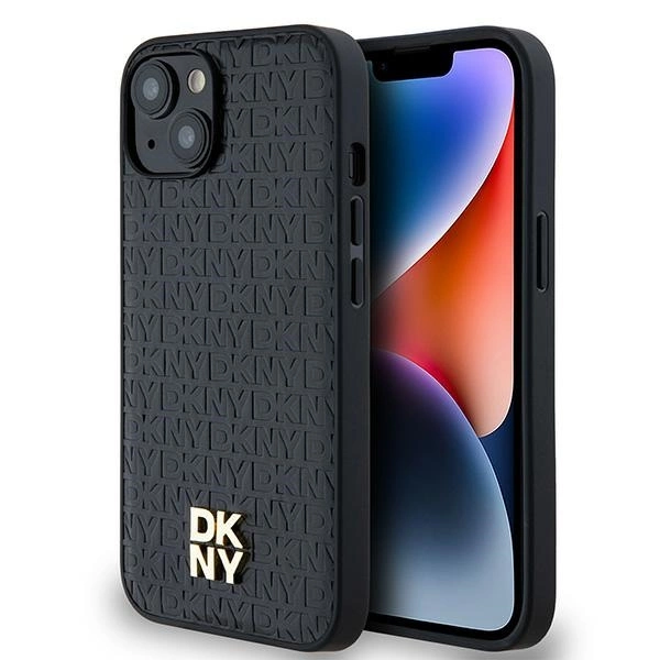 Apple iPhone 15 6.1'' DKNY Leather Monogram Pattern Metal Logo MagSafe Case Cover, Black