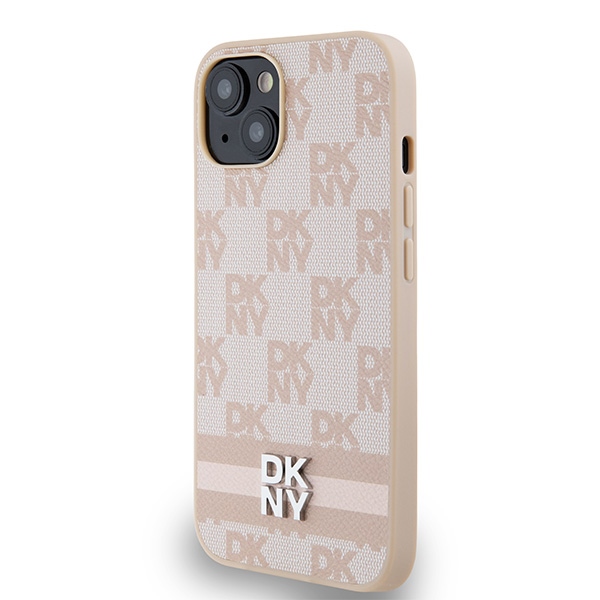 DKNY iPhone 15 / 14 / 13 Case Checkered Mono Pattern & Printed Stripes, Pink