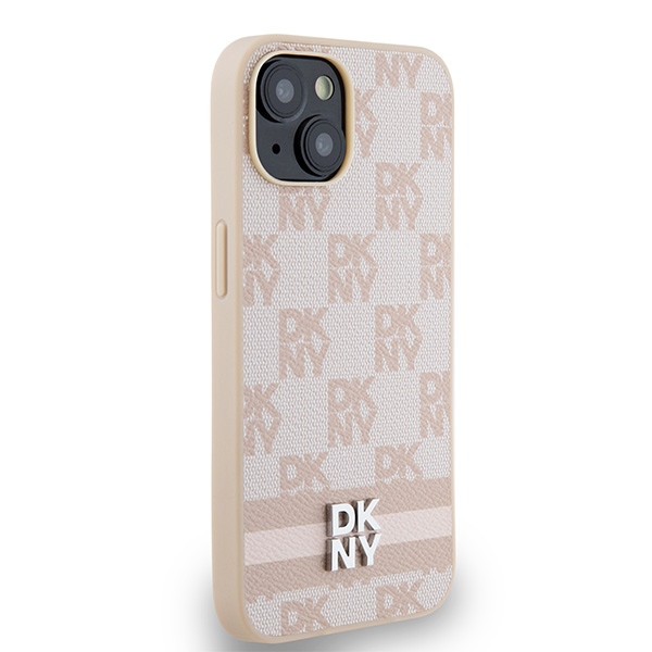DKNY iPhone 15 / 14 / 13 Case Checkered Mono Pattern & Printed Stripes, Pink