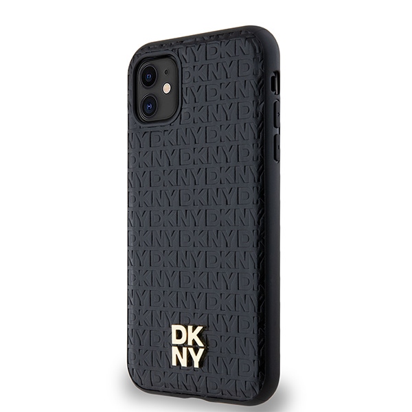 DKNY iPhone 11 / XR Case Leather Monogram Pattern Metal Logo MagSafe, Black
