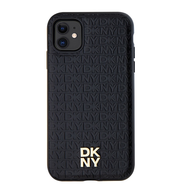 DKNY iPhone 11 / XR Case Leather Monogram Pattern Metal Logo MagSafe, Black
