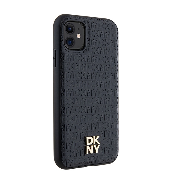 DKNY iPhone 11 / XR Case Leather Monogram Pattern Metal Logo MagSafe, Black