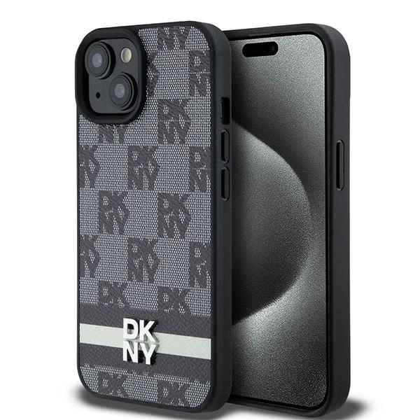 Apple iPhone 14 6.1'' DKNY Leather Checkered Mono Pattern Printed Stripes Case Cover, Black