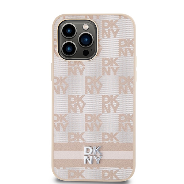 DKNY iPhone 14 Pro Max Case Checkered Mono Pattern & Printed Stripes, Pink
