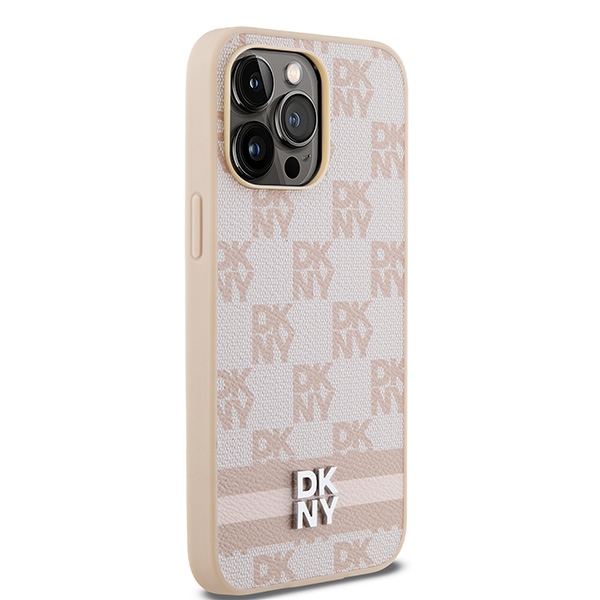 DKNY iPhone 14 Pro Max Case Checkered Mono Pattern & Printed Stripes, Pink