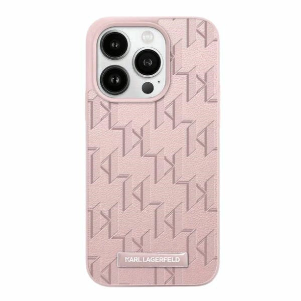 Apple iPhone 15 Pro 6.1'' Karl Lagerfeld Leather Monogram Metal Logo Cover Case, Pink