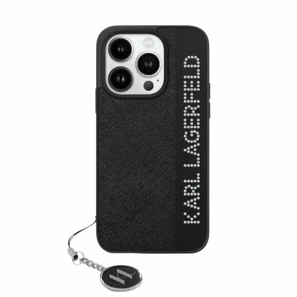 Apple iPhone 15 Pro Max 6.7" Karl Lagerfeld Saffiano Rhinestones & Charm Case Cover, Black