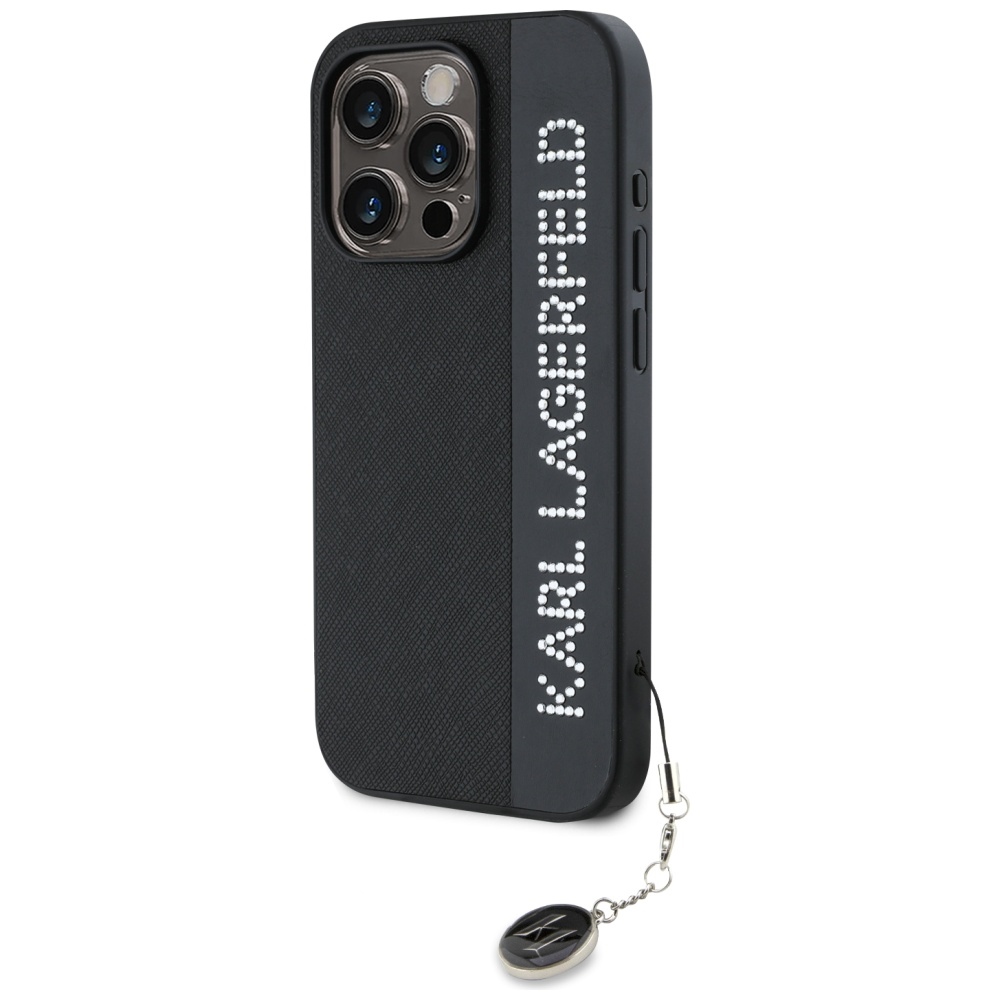 Karl Lagerfeld iPhone 15 Pro Max Case Saffiano Rhinestones & Charm, Black