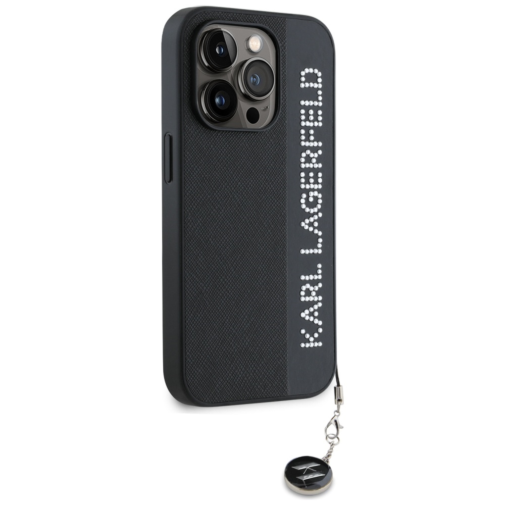 Karl Lagerfeld iPhone 15 Pro Max Case Saffiano Rhinestones & Charm, Black