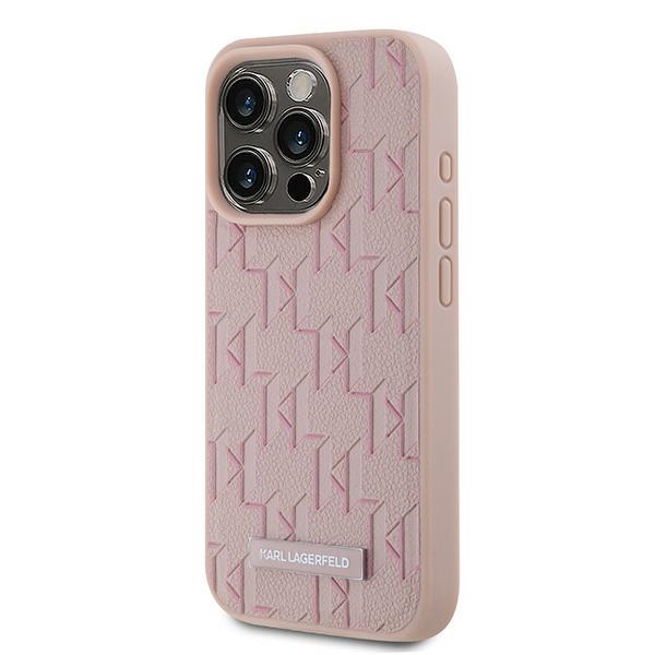 Karl Lagerfeld iPhone 15 Pro Max Case Leather Monogram Metal Logo, Pink
