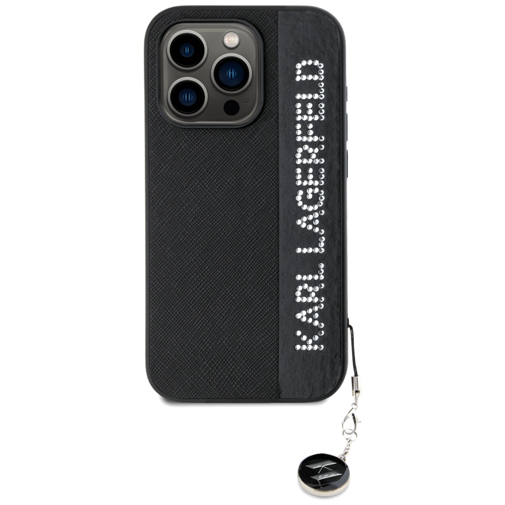 Karl Lagerfeld iPhone 15 Pro vāciņš Saffiano Rhinestones & Charm, melns