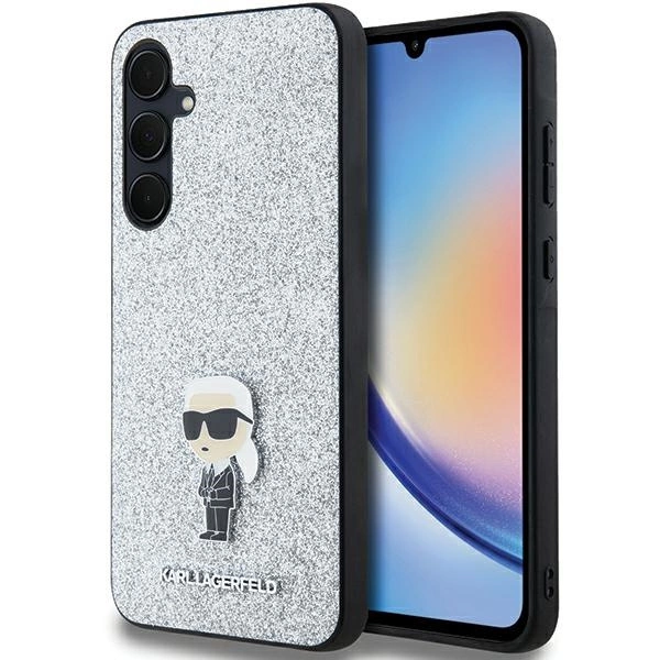 Samsung Galaxy A55 ( SM-A556B/DS ) Karl Lagerfeld Fixed Glitter Ikonik Logo Metal Pin Case Cover, Silver