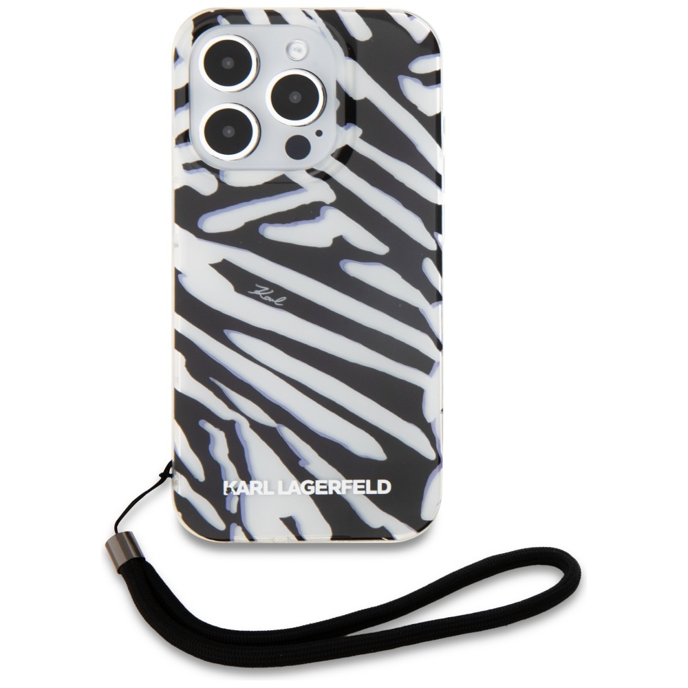 Karl Lagerfeld iPhone 15 Pro Max Case IML Zebra Pattern & Cord, Black