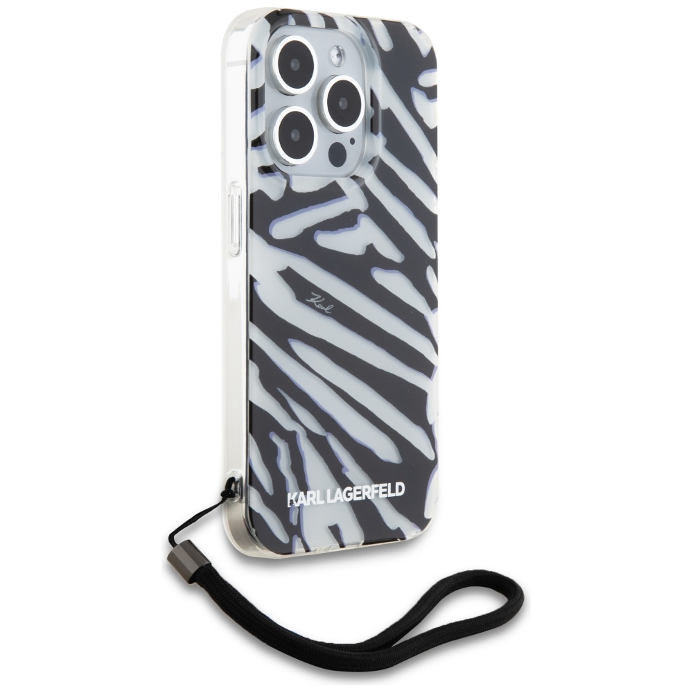 Karl Lagerfeld iPhone 15 Pro Max Case IML Zebra Pattern & Cord, Black