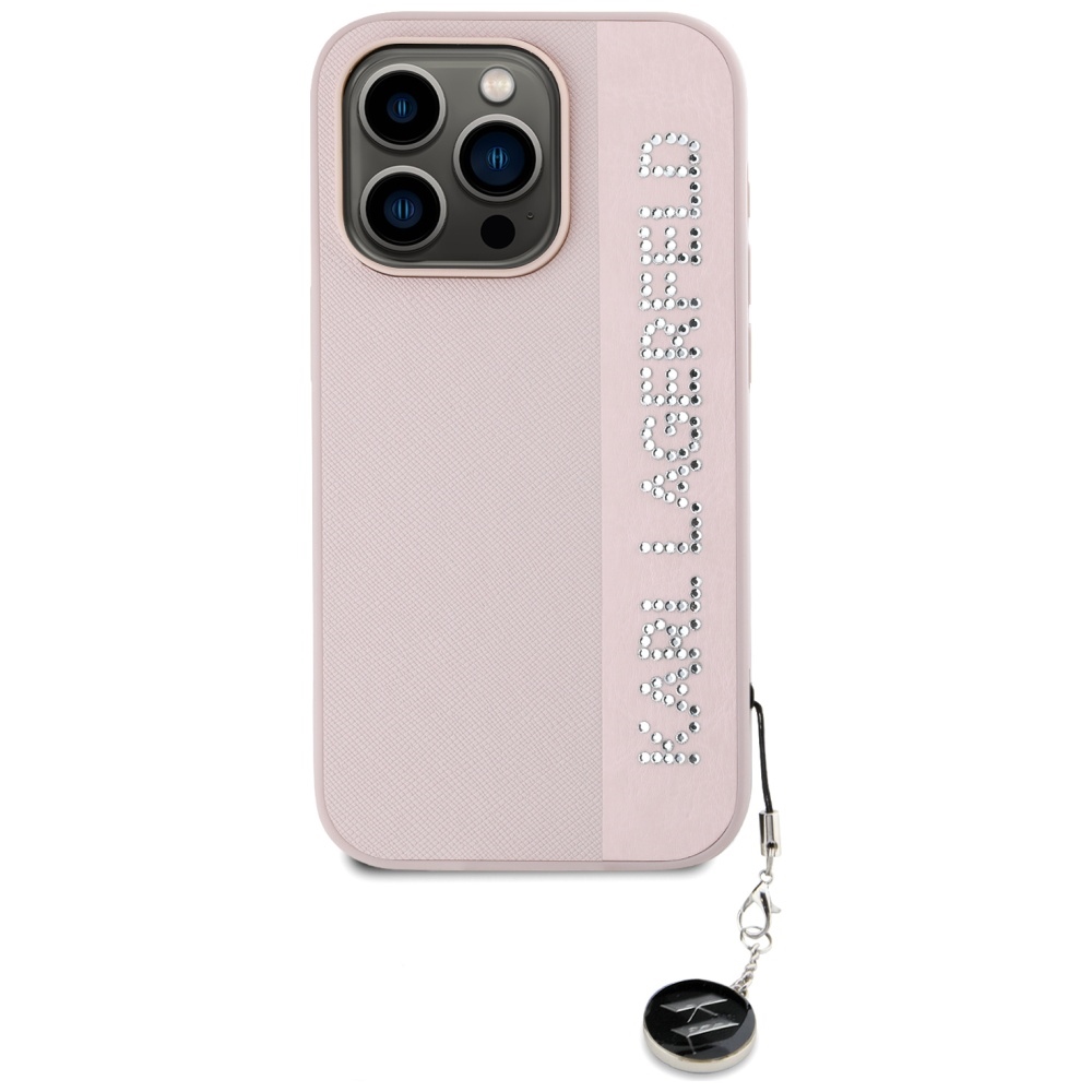 Karl Lagerfeld iPhone 15 Pro vāciņš Saffiano Rhinestones & Charm, rozā
