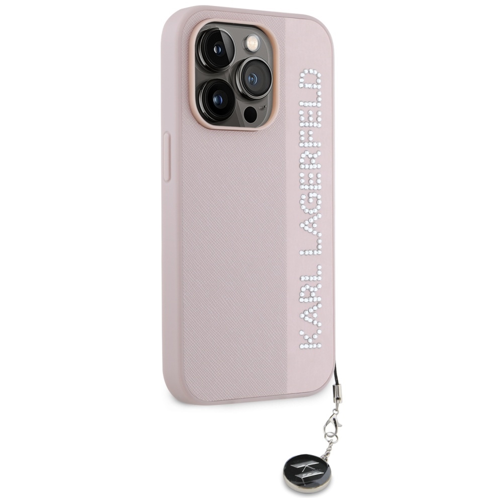 Karl Lagerfeld iPhone 15 Pro vāciņš Saffiano Rhinestones & Charm, rozā