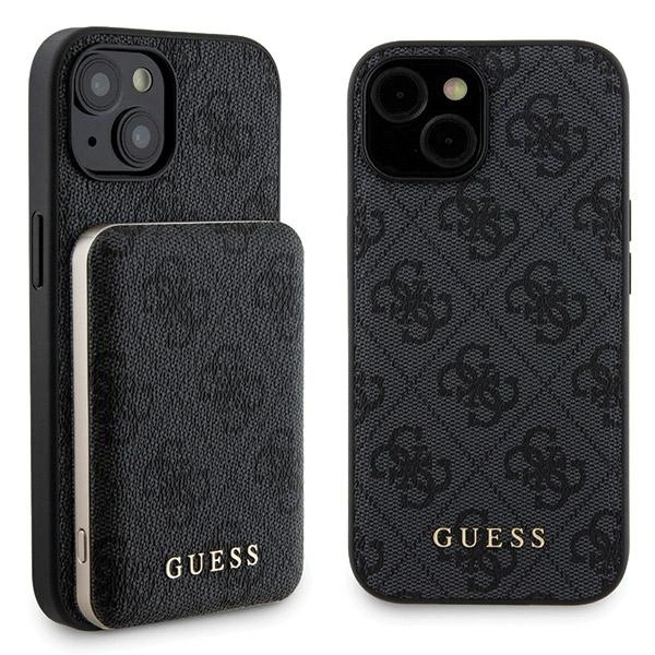 Apple iPhone 15 6.1'' Guess 4G Metal Logo + 5000mAh MagSafe Power Bank Case Cover, Black