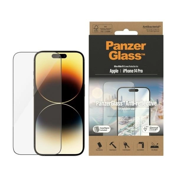 PanzerGlass Ultra-Wide Fit antibakteriāls rūdīts stikls ar atspīduma filtru un pozicionēšanas ierīci iPhone 14...