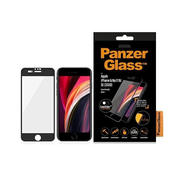 PanzerGlass E2E Super+ rūdīts stikls ar kameras vāciņu iPhone 6 / 6s 7 8 SE 2020 2022 - melnu rāmi | tempered...